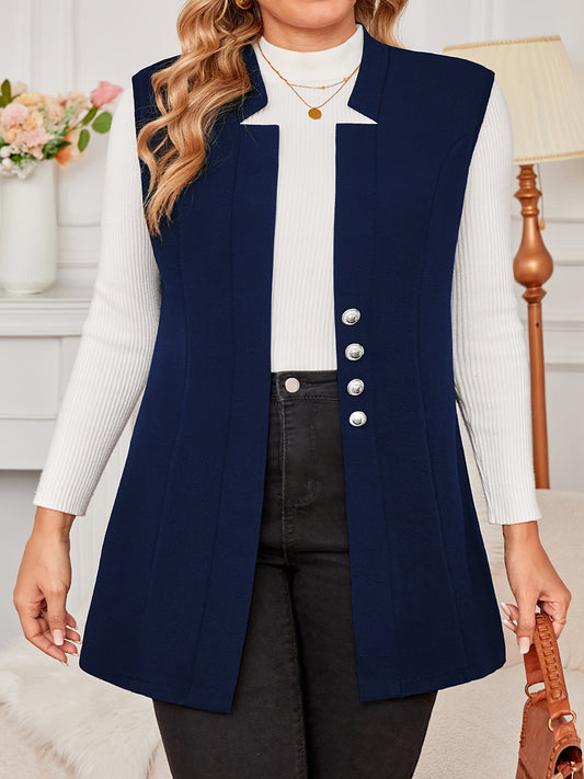 Plus Size V-Neck Lapel Vest - Solid Color Sleeveless Blazer with Button Detail