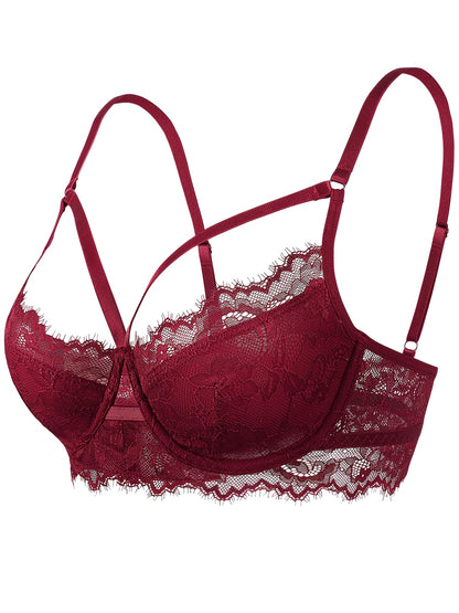 Stylish lace bra with cross strap and hollow out design for daily wear.