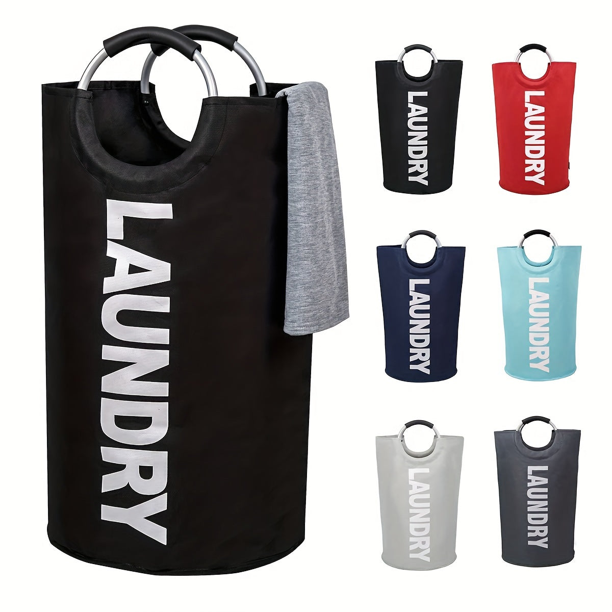 Large capacity laundry basket with waterproof design, padded handle for easy carrying. Vertical foldable design makes it suitable for bathroom, laundry room, balcony, dormitory, and other household organizing and storage needs.