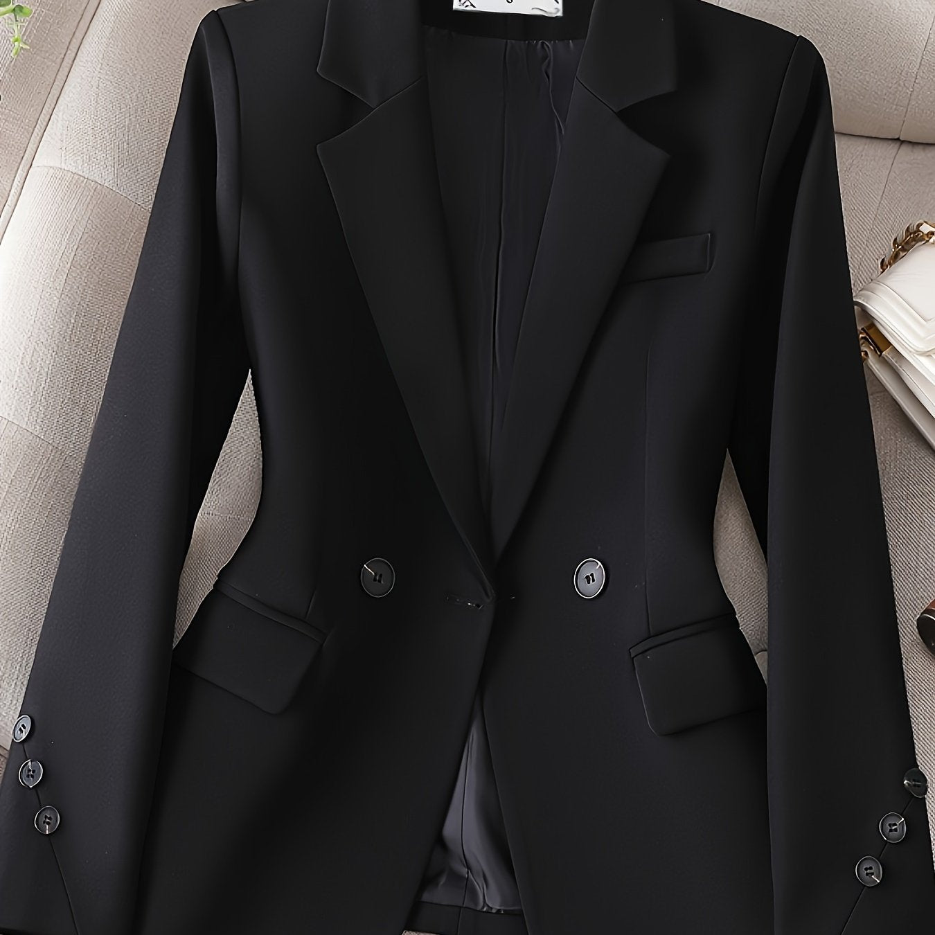 Elegant double-breasted blazer for office wear, women's clothing.