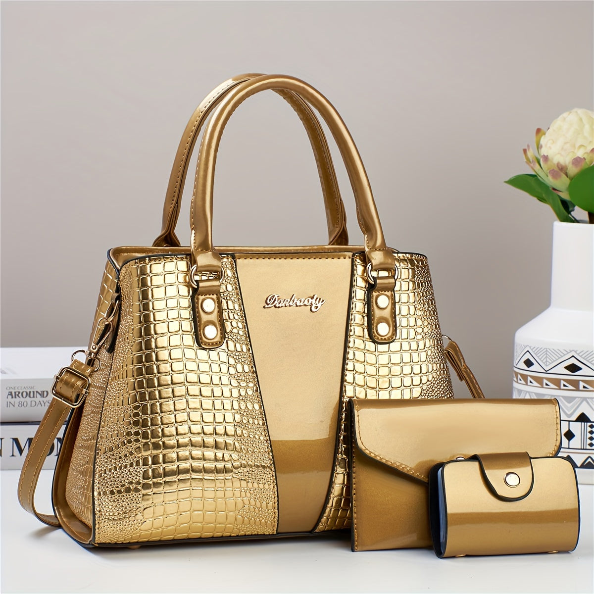 3-piece PU handbag set with crocodile pattern, large capacity crossbody bag, coin purse, card holder, lightweight shoulder bag with sequins and zipper closure