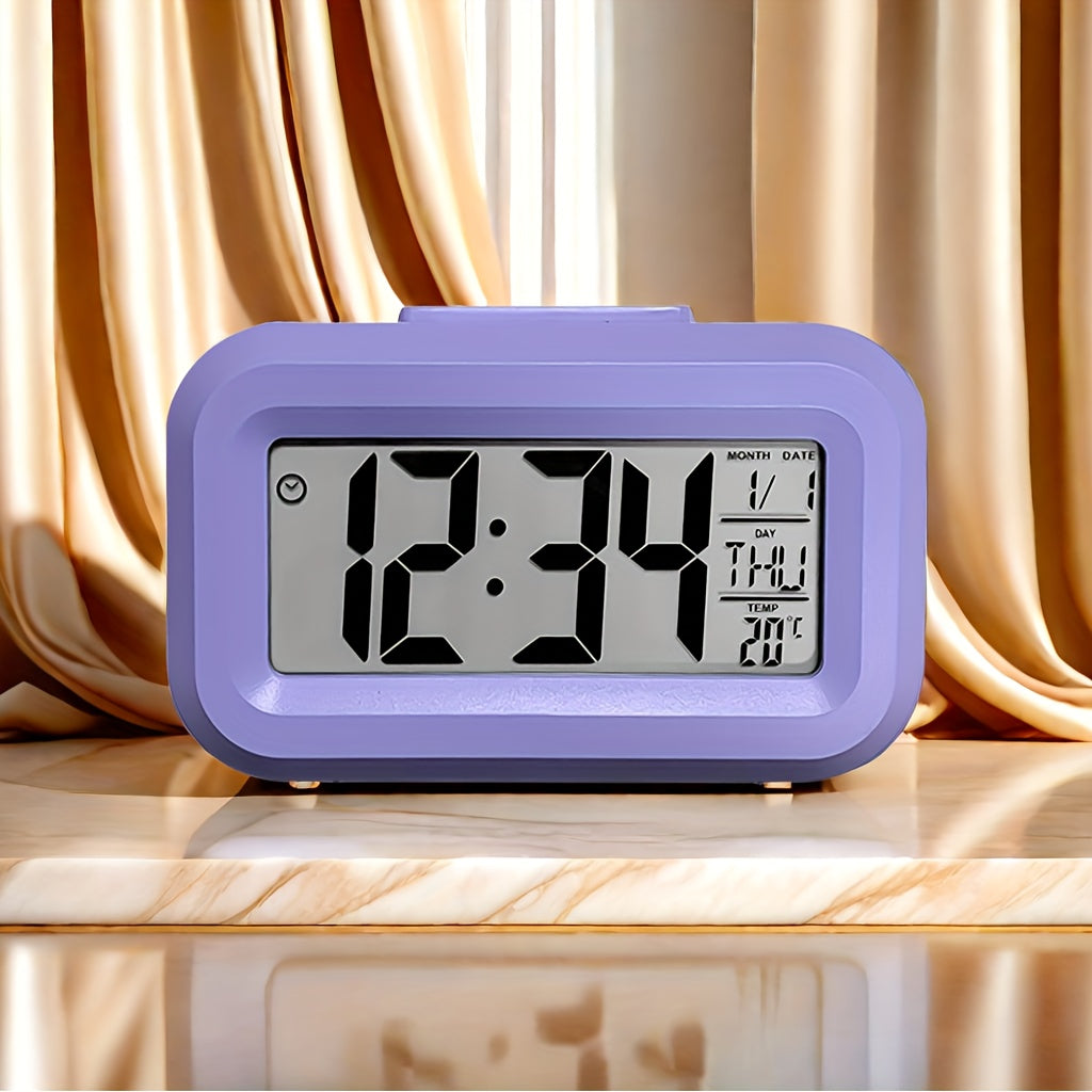 Compact pink mini LED desk clock with backlight, temperature, and calendar. Multifunctional kitchen timer for students. Sleek rectangular design with digital display. Battery-powered (AAA). Minimalist aesthetic.