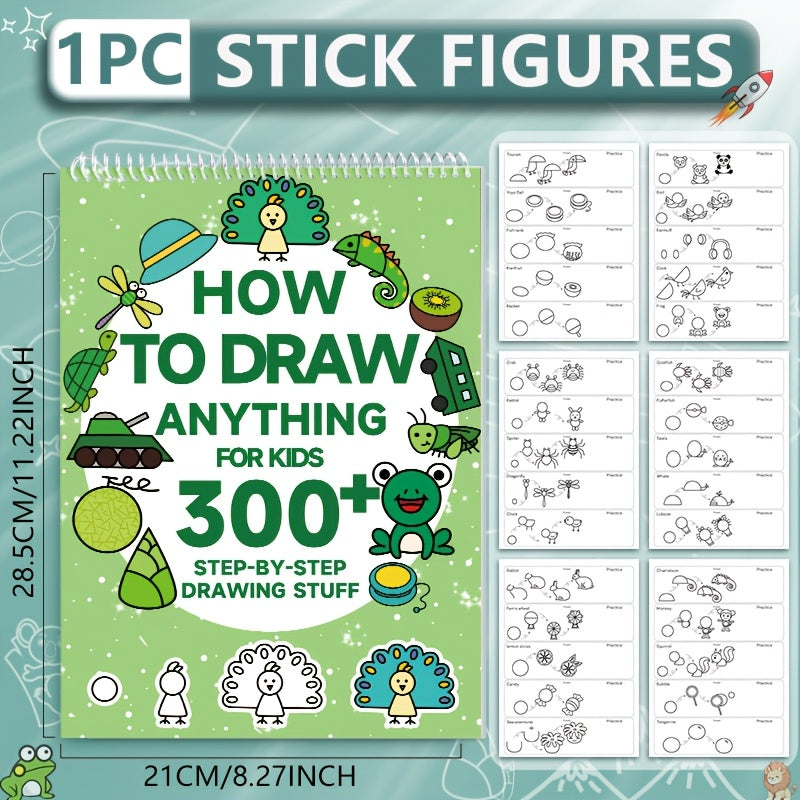 1pc Green Stick Figure Drawing Book for Youngsters - 300+ Step-by-Step Art & Education Toy featuring Cartoon Dinosaur & Frog Designs, Ideal for Creative Writing & Coloring, Spiralbound Book