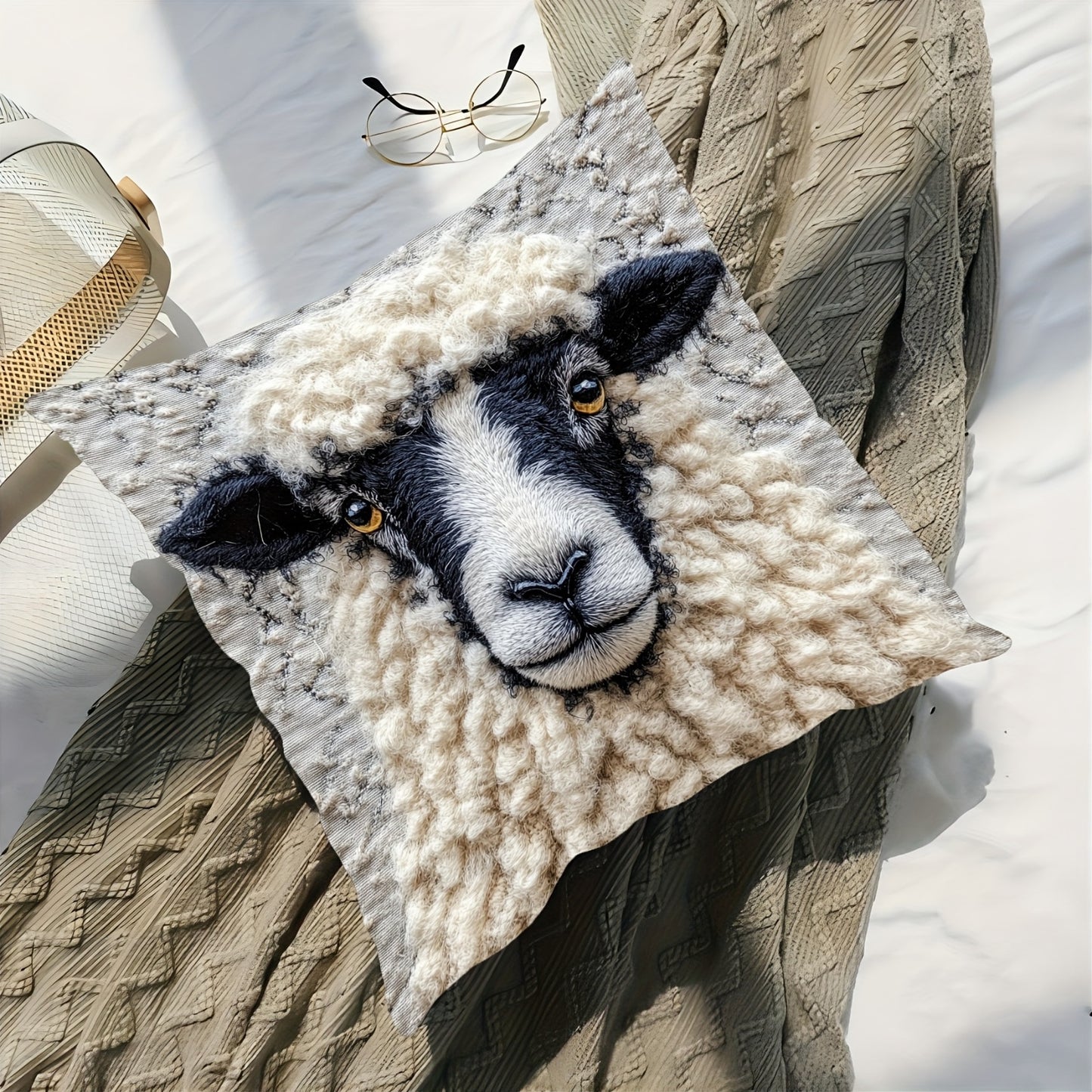 Retro farm animal design pillowcase featuring fluffy black nose sheep. Suitable for sofa, living room, bedroom, or office. Single side print, machine washable with zipper closure. 45.72x45.72cm, no pillow core included. Made of peach skin material.