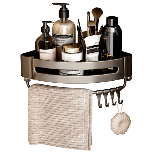 Space-saving bathroom storage solution: self-adhesive corner shower caddy with rust-proof shelves, towel holder, and shampoo organizer.