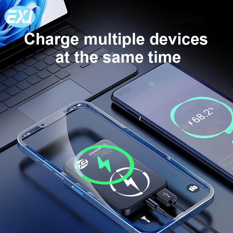 EXJ PD 22.5W Magnetic Power Bank, 10000mAh Wireless Portable Charger with USB-C Cable LED Display, Mag-Safe Battery Pack for iPhone 12 and newer, with fast charging.