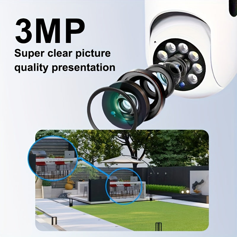 High-definition Wi Fi Smart Home Security Camera with 3MP resolution, featuring a 355 ° Pan Tilt Zoom, Color Night Vision, Two-way Audio, Pet Movement Tracking, suitable for indoor/outdoor use. The camera is wireless and equipped with Motion Detection