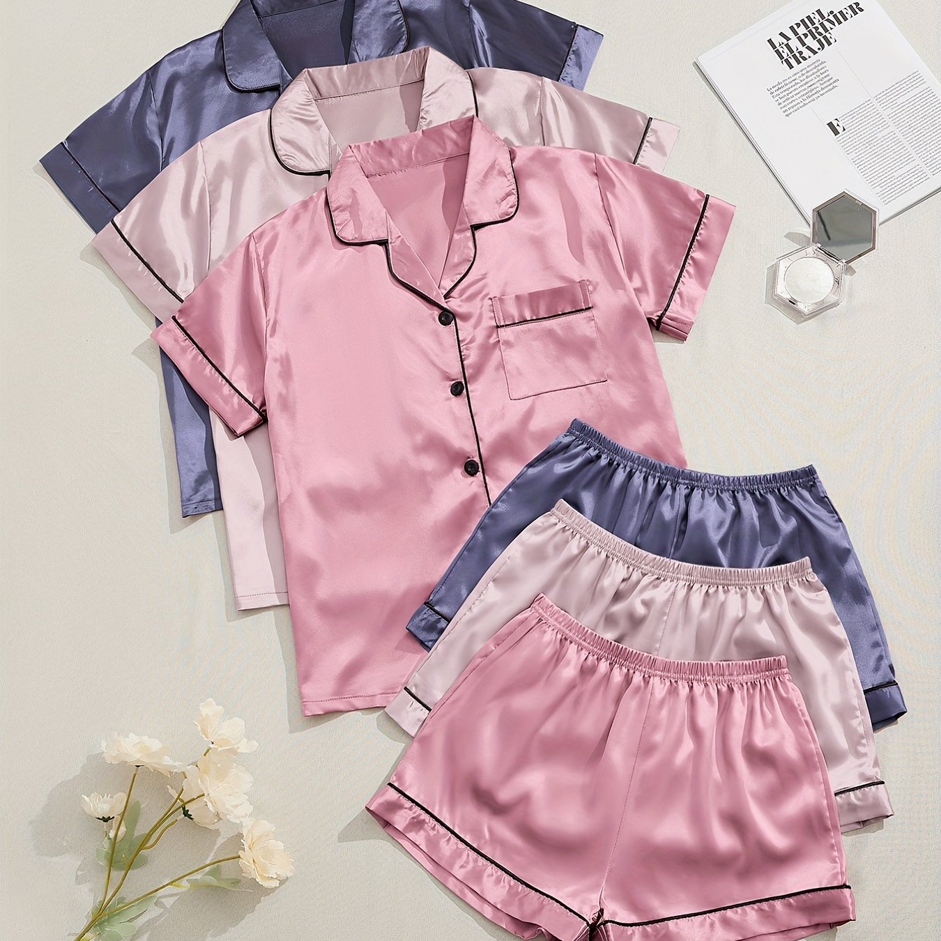 Women's Satin Pajama Set includes short-sleeve top and elastic waistband shorts for sleepwear and loungewear.