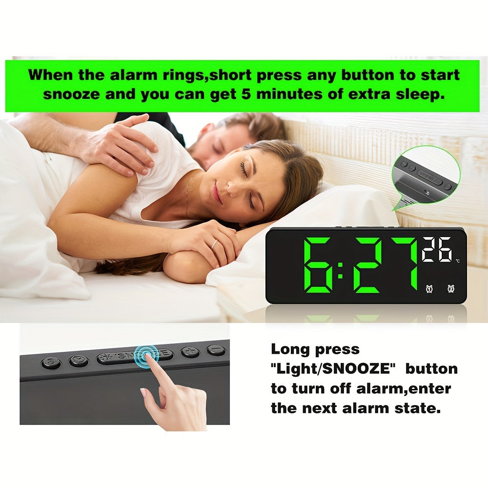 Fantasy-themed digital alarm clock with mirror surface, LED display, temperature, date, voice control, and customizable alarm settings.