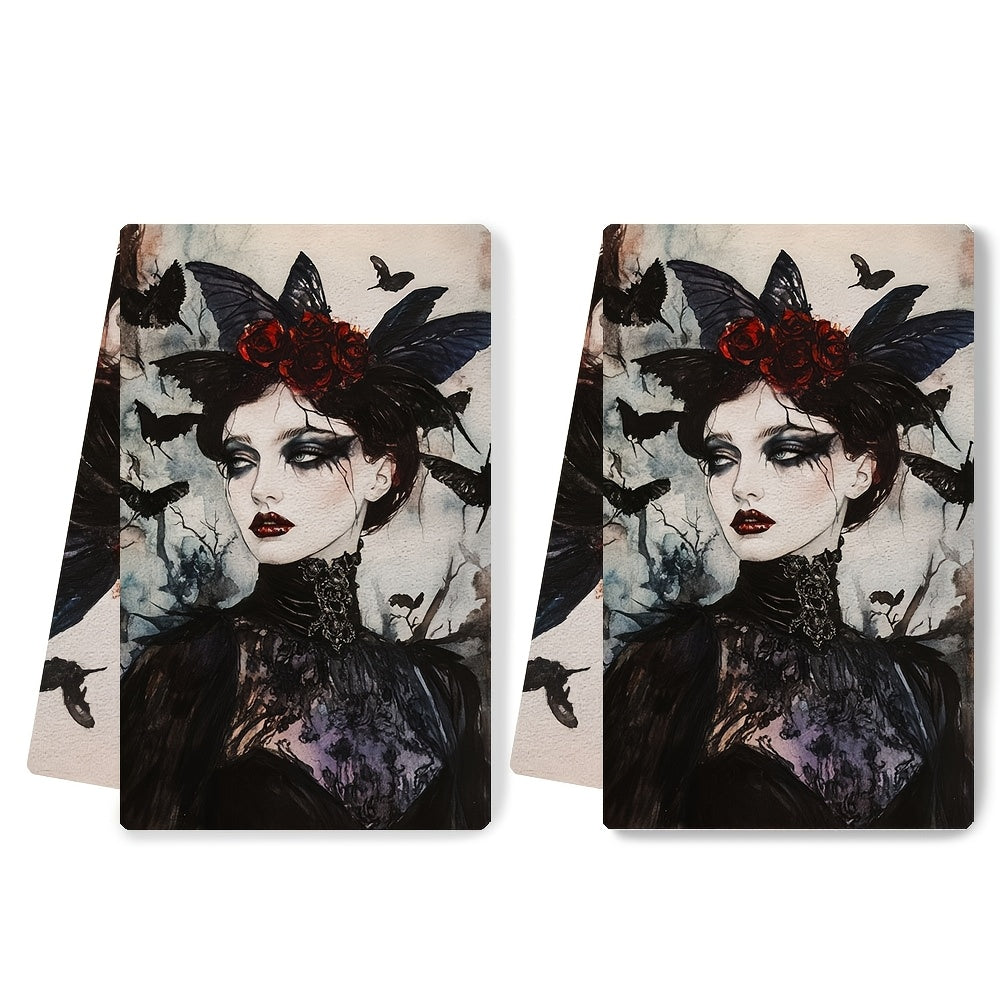 Two pieces of Whimsigoth Art Kitchen Towels - These ultra soft and highly absorbent polyester dish hand towels measure 40.64x60.96 cm. Featuring a gothic elegance design with red roses and black lace, they are machine washable and perfect for holiday