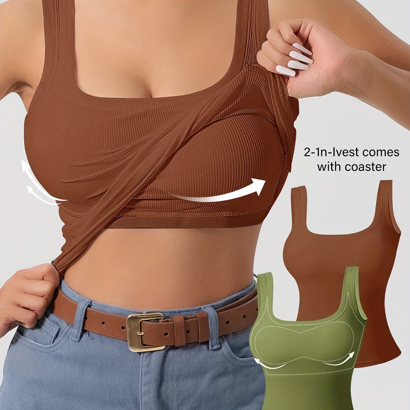 2 Simple Solid Square Neck Tank Tops with padded backless design for women's lingerie and underwear.