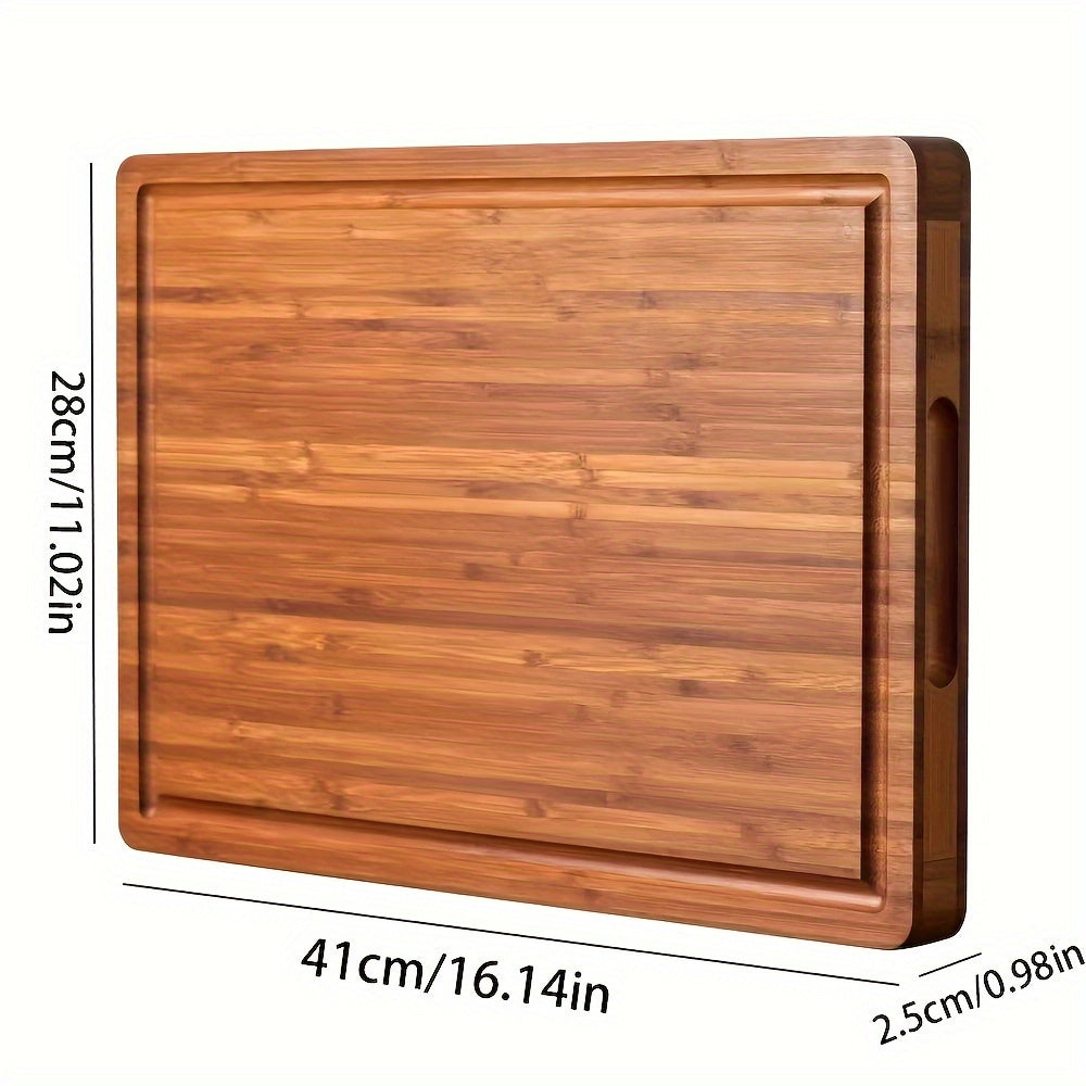 Large, thick bamboo cutting board with a juice groove, perfect for use as a butcher block. This food-safe charcuterie and cheese serving tray is ideal for your kitchen.