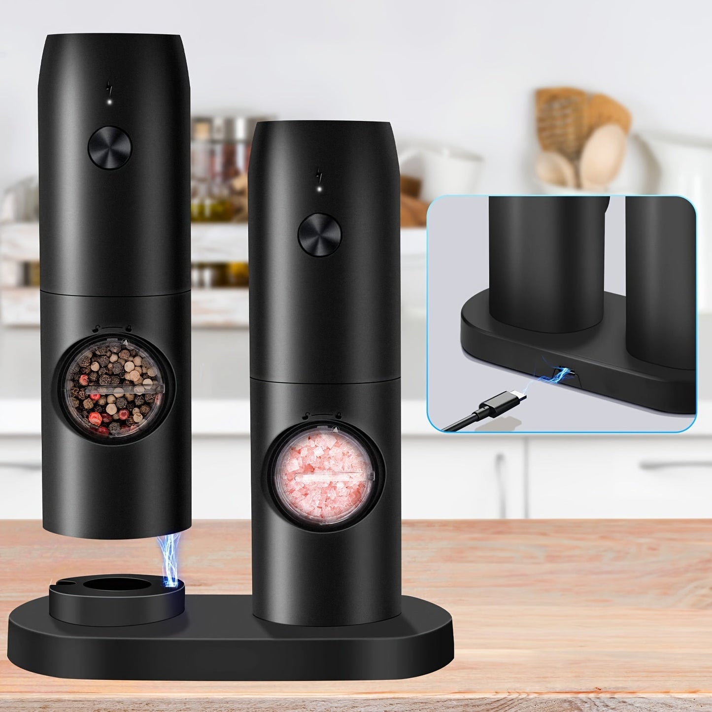 Get a set of two rechargeable electric salt and pepper grinders with adjustable coarseness levels. These spice mills come with a built-in lithium battery that can be easily charged with a USB cable. Made of durable plastic, they are perfect for holiday