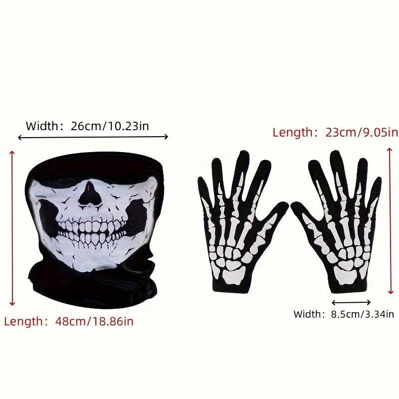 Adults' 3-Piece Skeleton Pattern Neck Gaiter and Gloves Set - Includes Breathable Multi-Use Skull Mask Scarf and Bone Print Gloves for Halloween Costume, Dance Parties, Street Style – Made of Polyester Fiber, Hand Washable