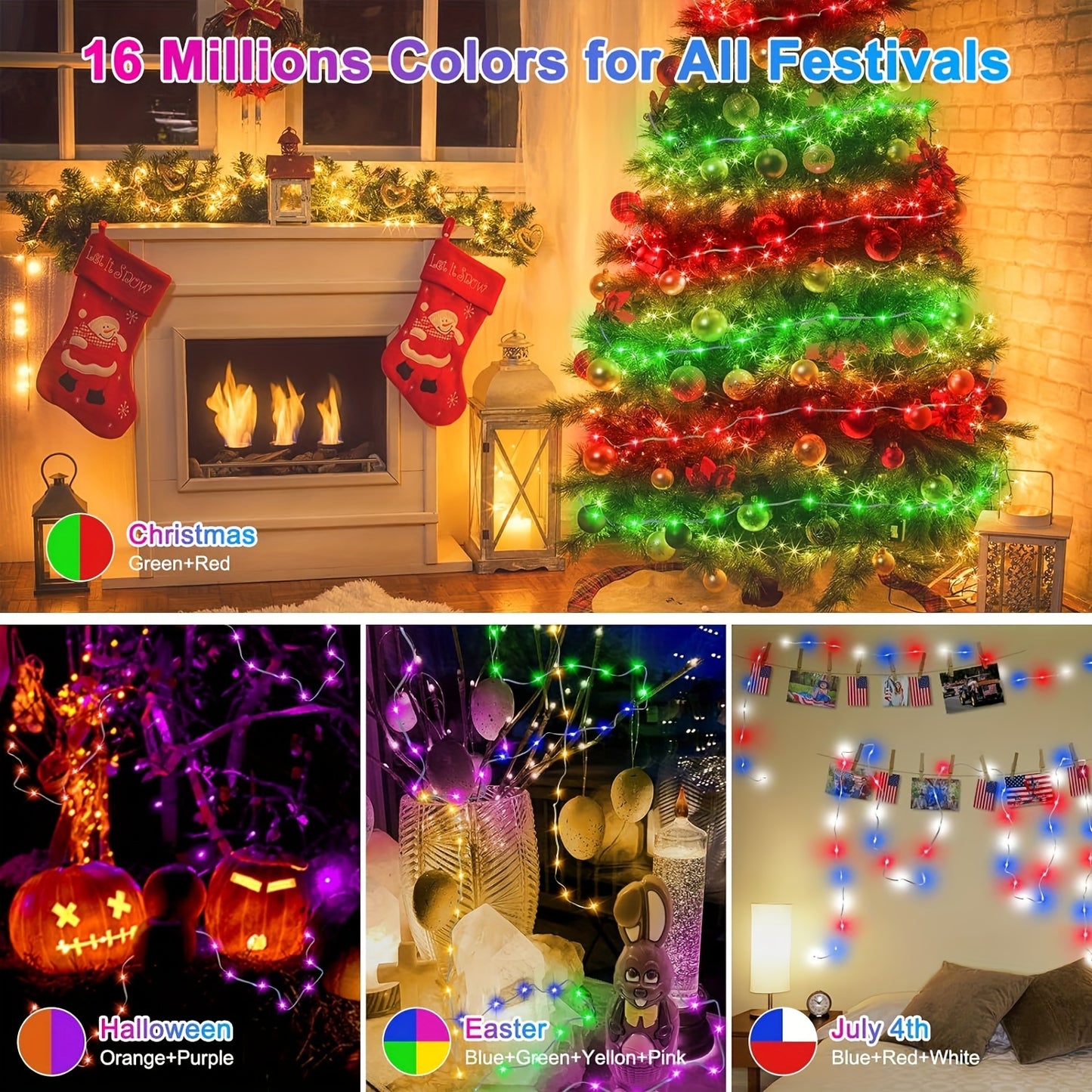 LED Christmas lights change color with remote and app control. USB powered for holidays and weddings.