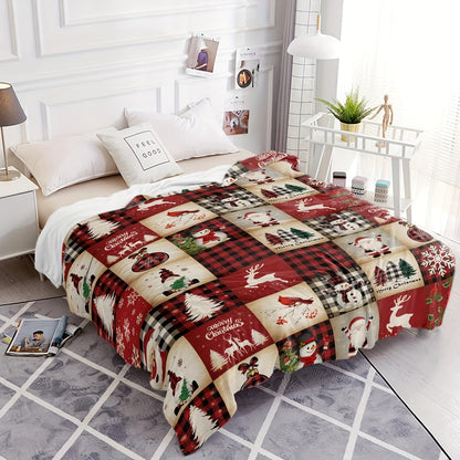 A festive Christmas cartoon-themed blanket that is perfect for cuddling up on the couch, sofa, or bed. Made of soft flannel material, this cozy throw blanket provides warmth and comfort for napping or camping. It is also great for using in the office or