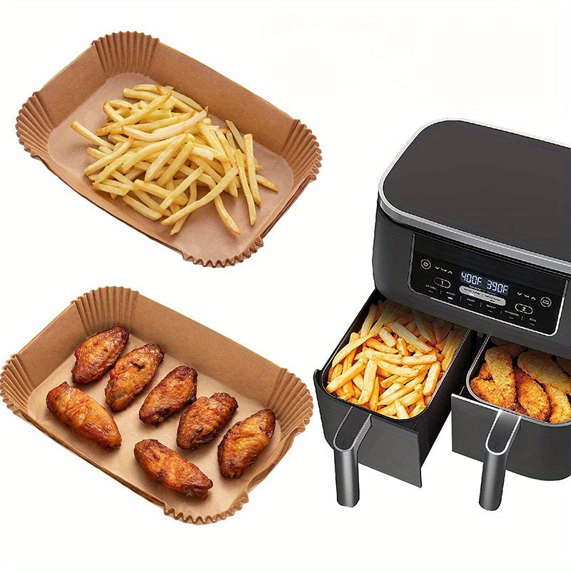 100 premium disposable air fryer liners, perfect for use in home kitchens, RVs, and parties. These liners are oil and waterproof, making them essential baking accessories for healthy cooking. They are also great for use as air fryer paper pads, making