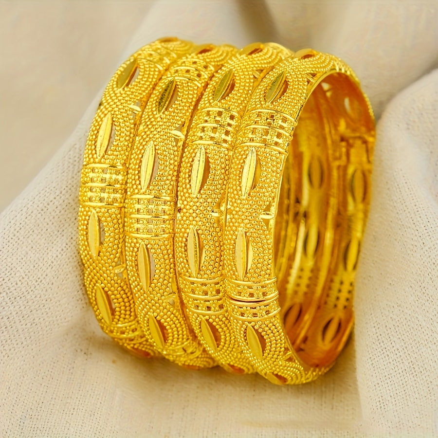 Set of 4 Luxury Bangles Plated in 24K Gold, Inspired by Arabian Style, Made of Copper with an Open Cuff Design, Perfect Fashion Jewelry for Women. Ideal for Weddings, Parties, and Gifting, Suitable for All Seasons.