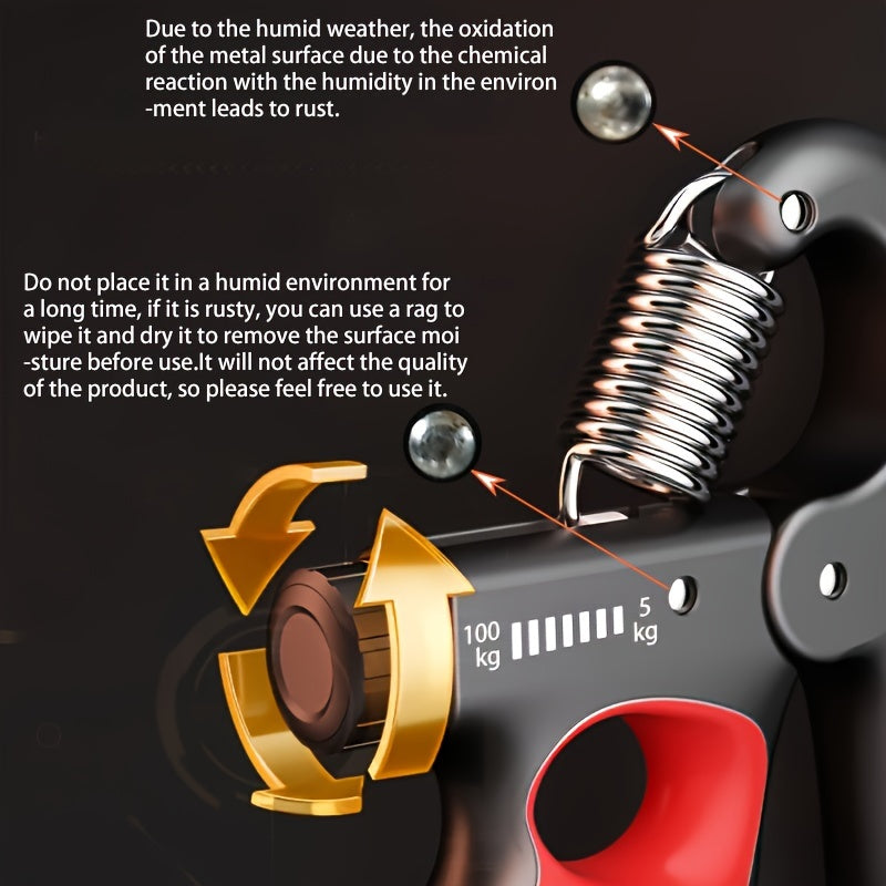 Hand grip strengthener with adjustable 5-100kg resistance and ergonomic design. Features double bold spring for fitness and rehabilitation training in orange/gray/red colors.