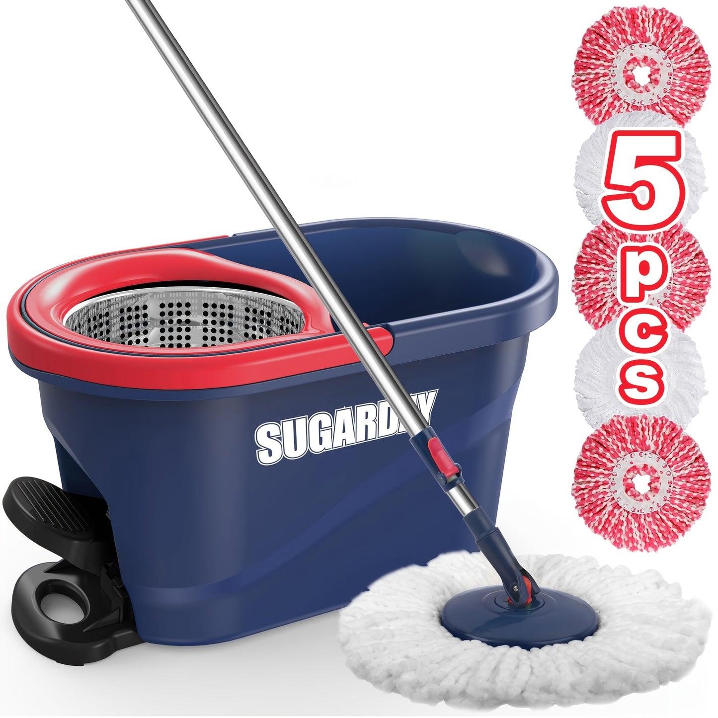 This Navy Red Heavy-Duty Spin Mop and Bucket Set with Wringer includes 5 reusable pads, making it ideal for both indoor and outdoor use. This spin mop and bucket system is perfect for cleaning floors effectively.