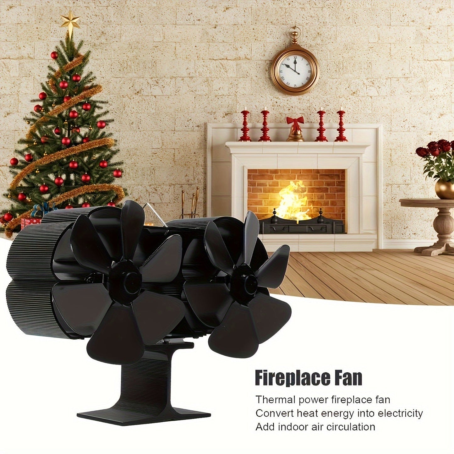 Efficiently distribute heat with the Dual-Head 12-Blade Wood Stove Fan - Non-Electric, Heat-Powered with Thermometer. Perfect for log burners and fireplaces.