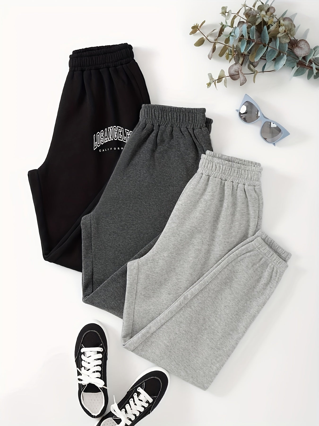 3 pieces of lounge pants with letter print, featuring a casual and soft elastic waistband for women's loungewear and sleepwear.