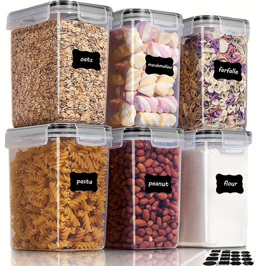 Set of 6 airtight food storage containers with a capacity of 54oz/ 1.5qt/ 1.6L each, made of BPA-free plastic. Ideal for storing sugar, flour, and baking supplies in the kitchen pantry. Dishwasher safe, complete with labels and marker. Essential kitchen