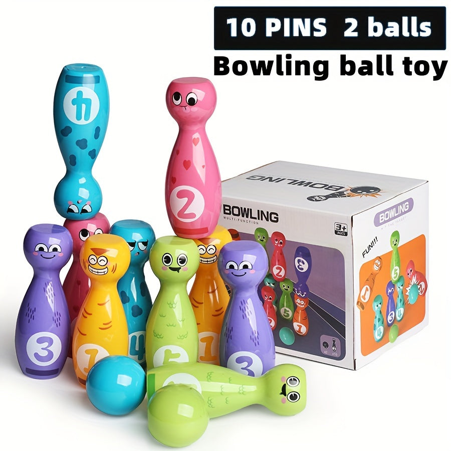 Toy bowling set with humorous faces, ideal for indoor and outdoor play, comes in a gift box with 10 pins and 2 balls.