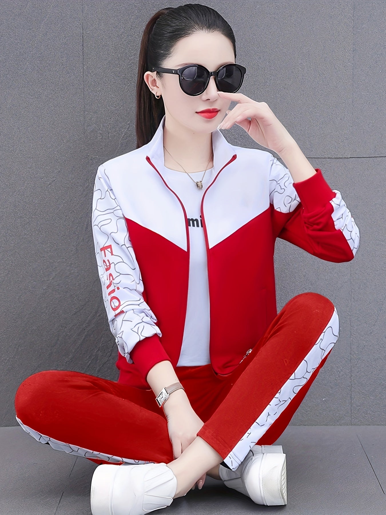 Women's two-piece cardigan jacket sports suit for spring and autumn with long sleeve trousers for casual outdoor wear.