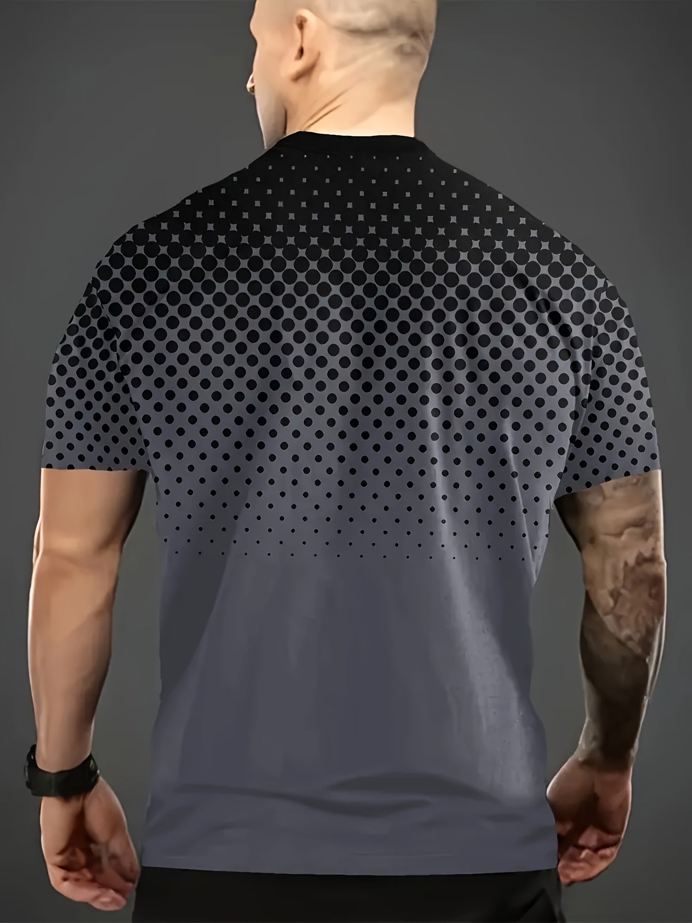 Men's plus size black dot print t-shirt made with breathable quick-dry fabric, loose fit for outdoor wear, 95% polyester and 5% spandex.