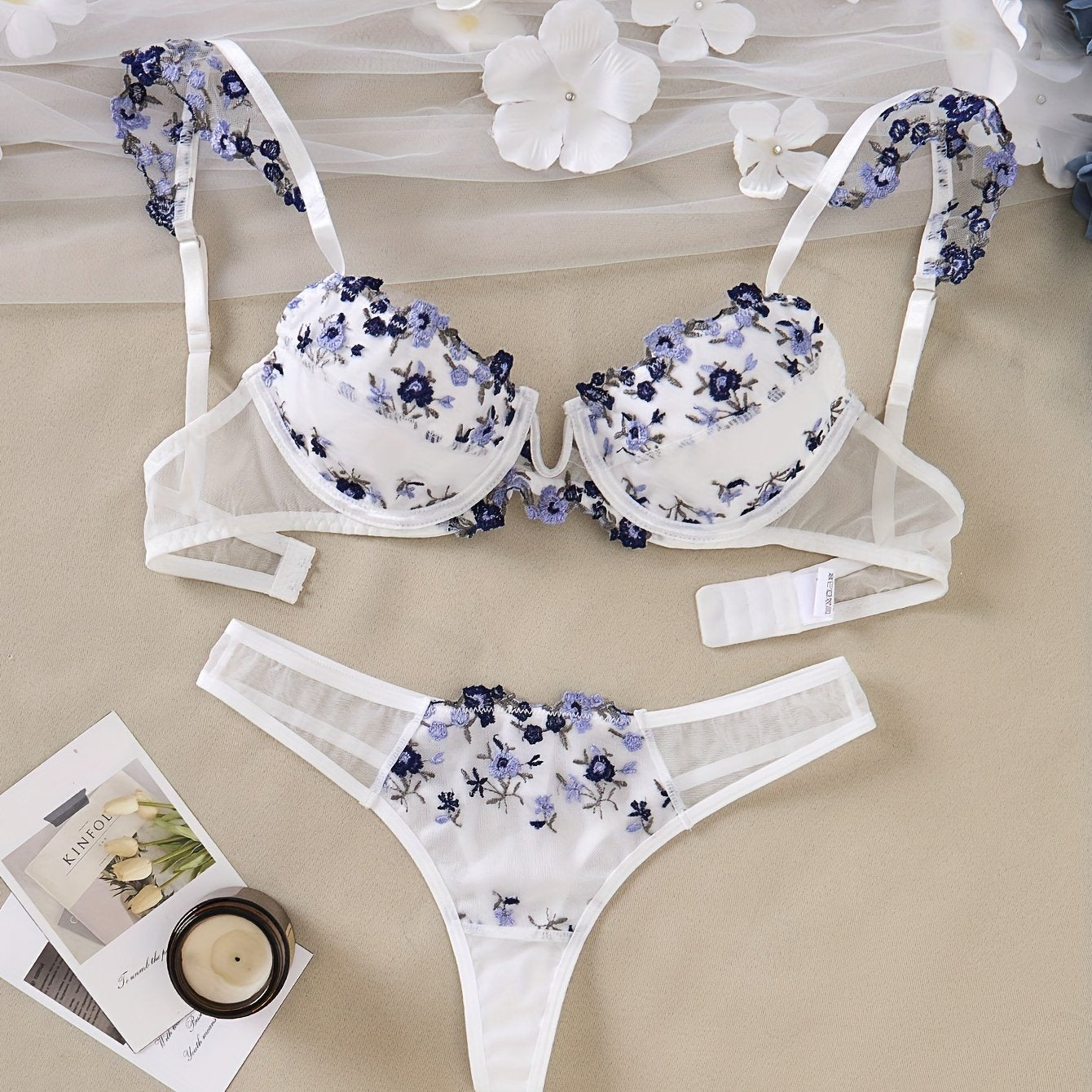 Floral embroidered cami bra and panties set for women, elegant lingerie & underwear.