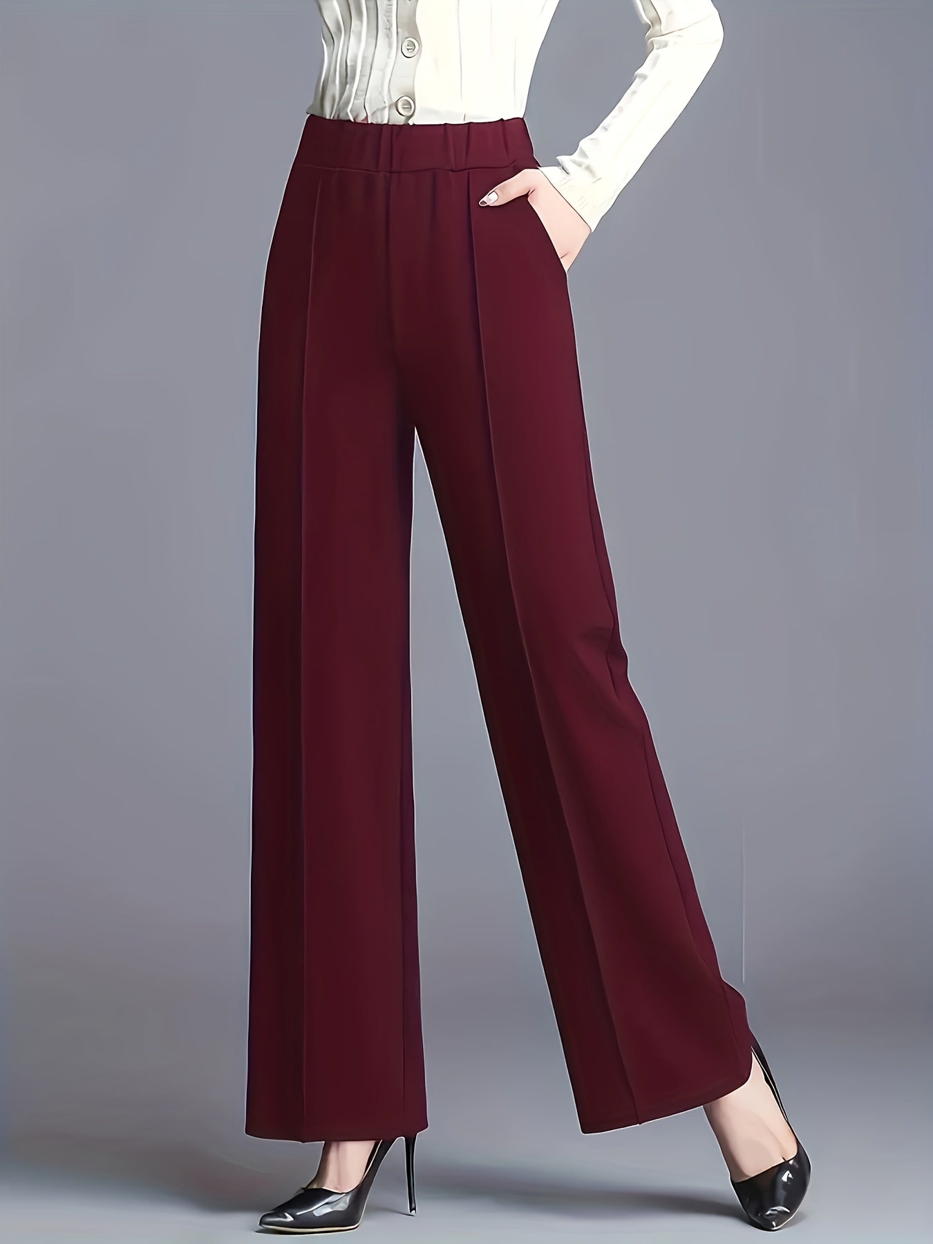 Women's Straight-Leg Pants with Pockets - Solid Color and Stretchy, Made of Machine Washable Polyester - Casual