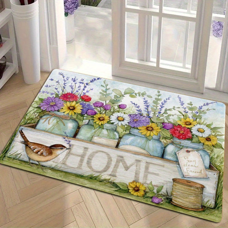 Spring Floral and Bird Design Home Door Mat, Perfect for Easter and Valentine's Day, Anti-Fatigue Kitchen Decor, Machine Washable, Stain Resistant, Non-Slip, Made of Polyester, 1 Piece, Rectangle Shape, 1.2cm Thick