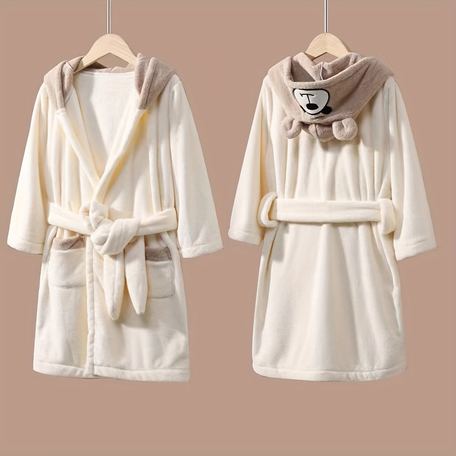 Soft coral fleece bathrobe for kids with hood, cartoon bear design, and thick warmth. Machine washable and perfect for all seasons.