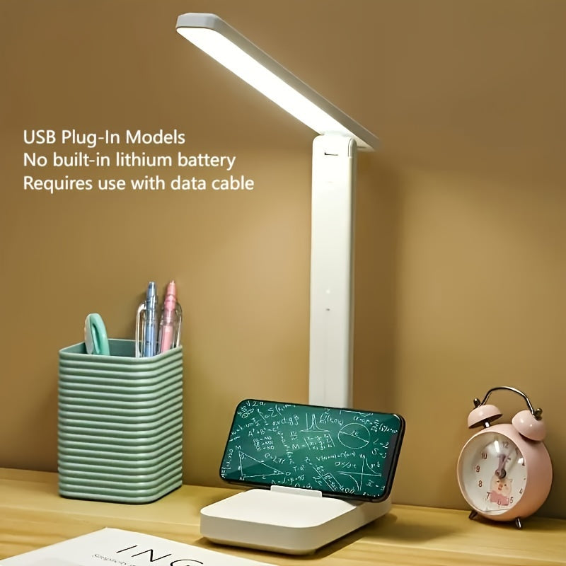 LED desk lamp with touch control for brightness adjustment, USB powered, ideal for reading and bedside.