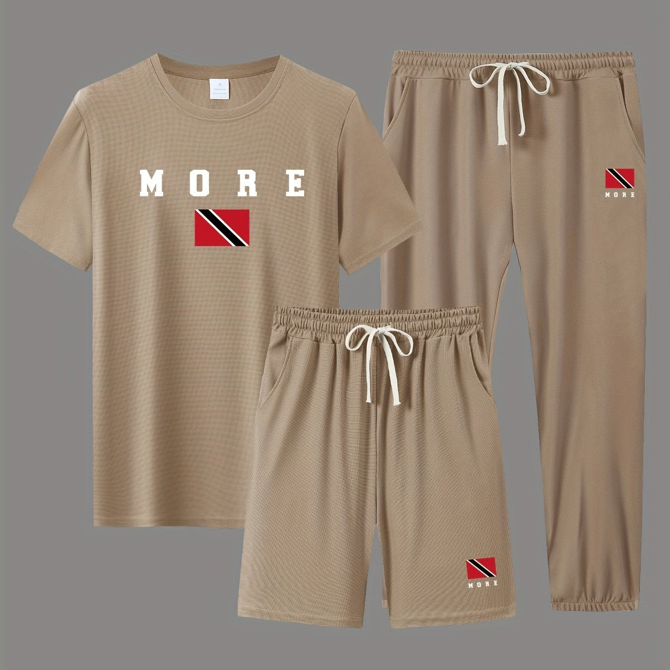 MORE Men's 3-piece Casual Sports Set: includes short sleeve T-shirt, shorts, and pants. Made for breathable summer wear.