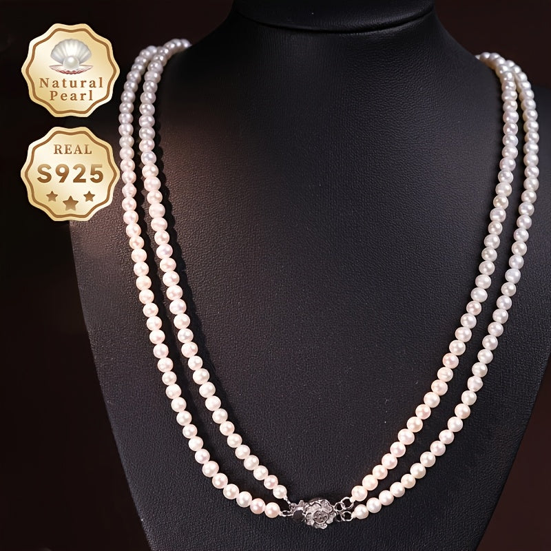 MUFAN Elegant Double-Layered Natural Freshwater Pearl Necklace for Women, S925 Silver, 4-5mm, June Birthstone, Includes Luxurious Gift Box, Perfect for Daily Wear and Special Events