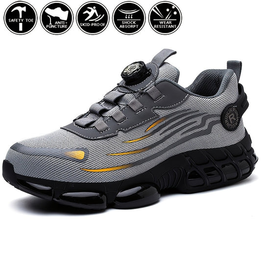 Unisex safety shoes with rotating buckle, steel toe, anti-slip sole, shock absorption, and wear-resistant for outdoor use. Features solid, striped, and plaid patterns with low top design