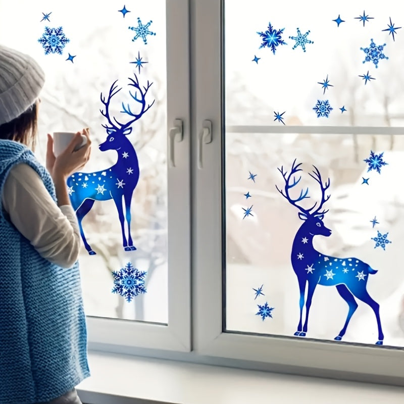 Get into the holiday spirit with 30 pieces of Blue Reindeer and Snowflakes Static Cling Window Decals. These non-adhesive plastic decorations are perfect for Christmas, Thanksgiving, and New Year. Add a festive touch to your home decor without using