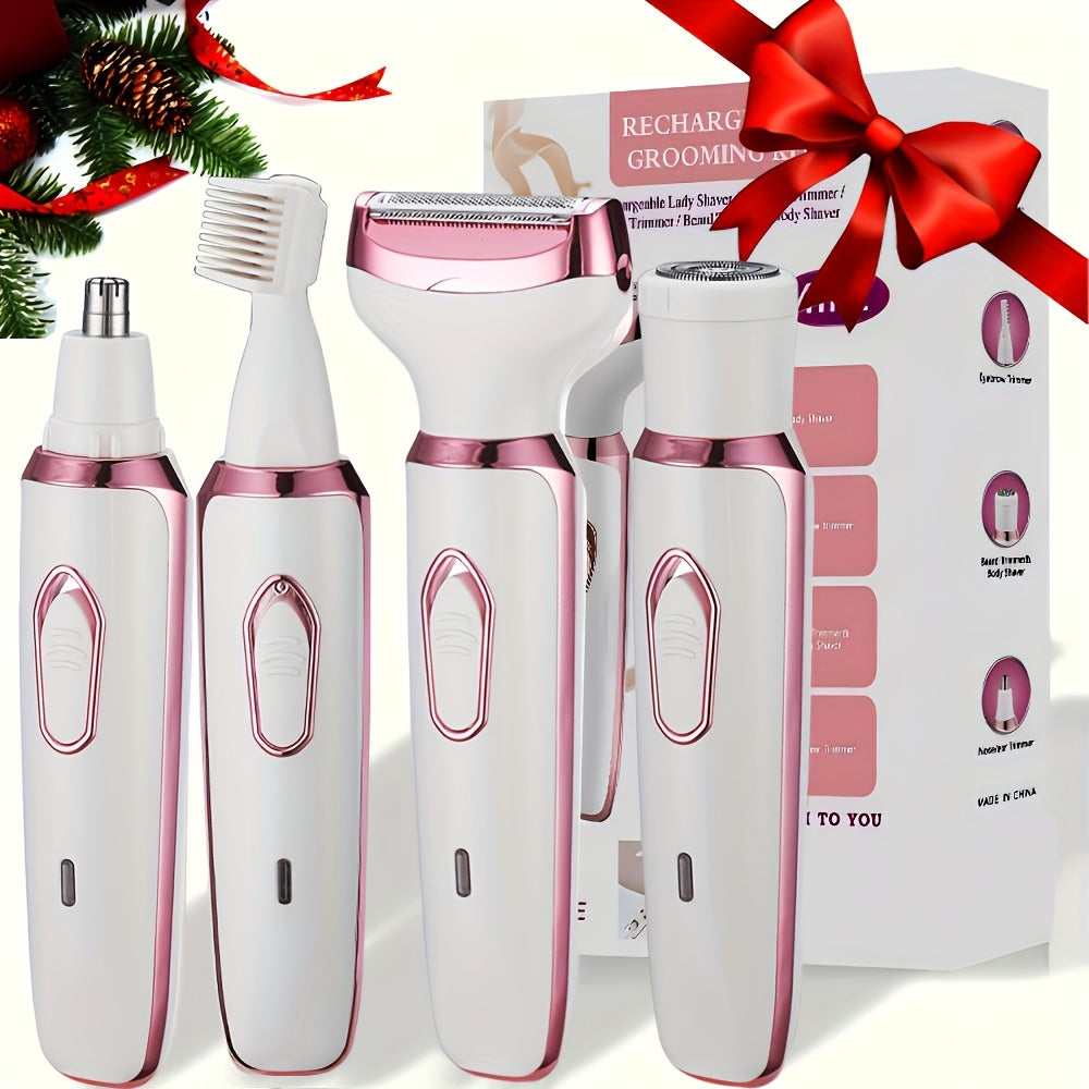 4-in-1 Women's Electric Shaver Kit with USB rechargeable, stainless steel blades for face, nose, legs, and bikini area - Ideal gift for her.