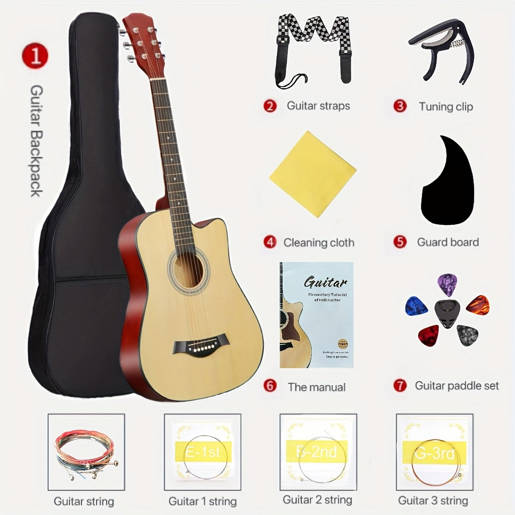 38-Inch Acoustic Guitar Starter Kit for Beginners, Includes Backpack, Strap, Capo, Picks, Picks Case, Strings, Cloth, Stickers, and Instructions.