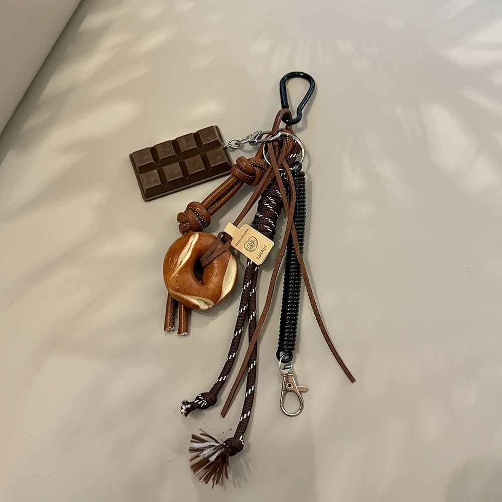 Rock-inspired Sports Faux Leather Keychain featuring Chocolate, Pretzel, and Donuts Charms, Yarn Rope, and Tassel - Unique Trendy Accessory for Bags and Backpacks