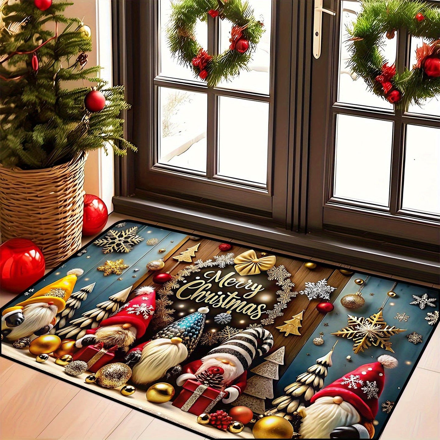 Christmas Gnome Holiday Welcome Mat, Durable Polyester Material, Low Pile Weave, Non-Slip Backing for Indoor Use, Festive Home Décor for Bedroom, Living Room, or Reading Area - Adorable Christmas Gnome Design