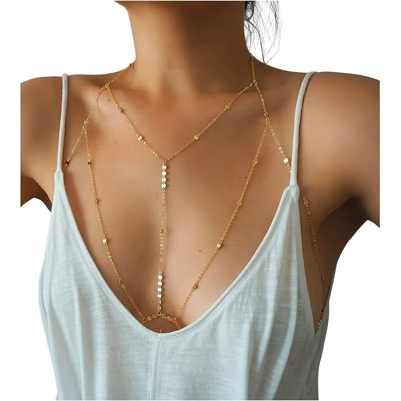 Glamorous Boho-Chic Body Chain with Sequin Bra and Mini Coin Accents - Stylish Layered Bikini Beach Party Accessory, Trendy Alloy Jewelry for Women