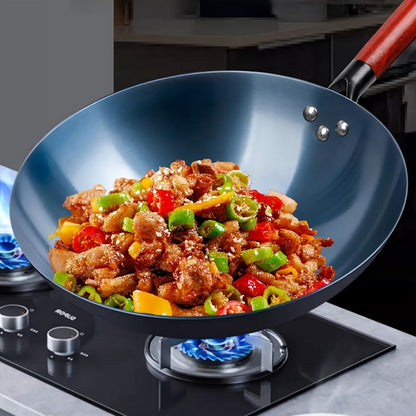 This 14.1-Inch Chinese Stir Fry Pan is made of cast iron and is uncoated, making it nonstick and easy to clean. It comes with a lid and detachable handle, perfect for use on an electric stove.