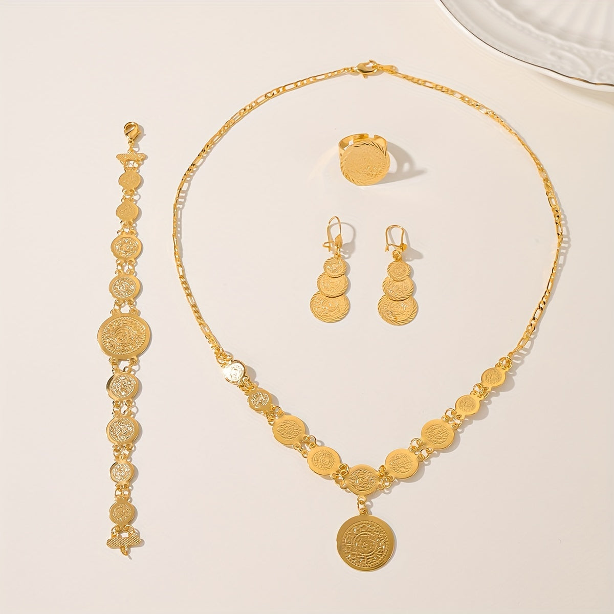 Vintage coin jewelry set with 18K plating, including a fashionable copper necklace, earrings, ring, and bracelet combo. Features an exquisite retro charm, perfect for casual daily wear as a universal season accessory.