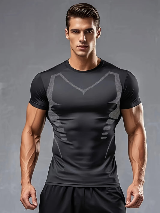 Men's Compression T-Shirt for Yoga, Cycling, Running | Breathable, Stretchy & Slimming | Solid Color with Geometric Print | Ideal for Outdoor Sports