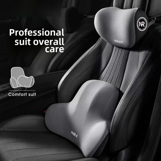 ComfortPlus car seat cushion set with breathable polyester fabric, memory foam filling, headrest, and lumbar support for enhanced comfort.