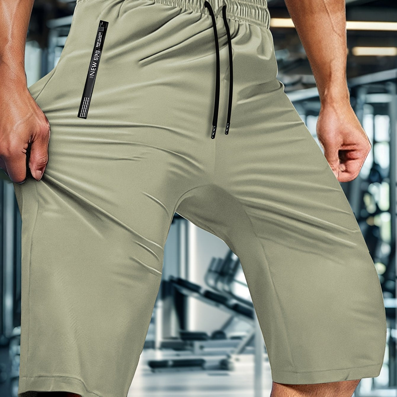 Elastic fabric men's summer capri pants with drawstring waist and zip pockets, perfect for casual sports, outdoor activities, and everyday wear.