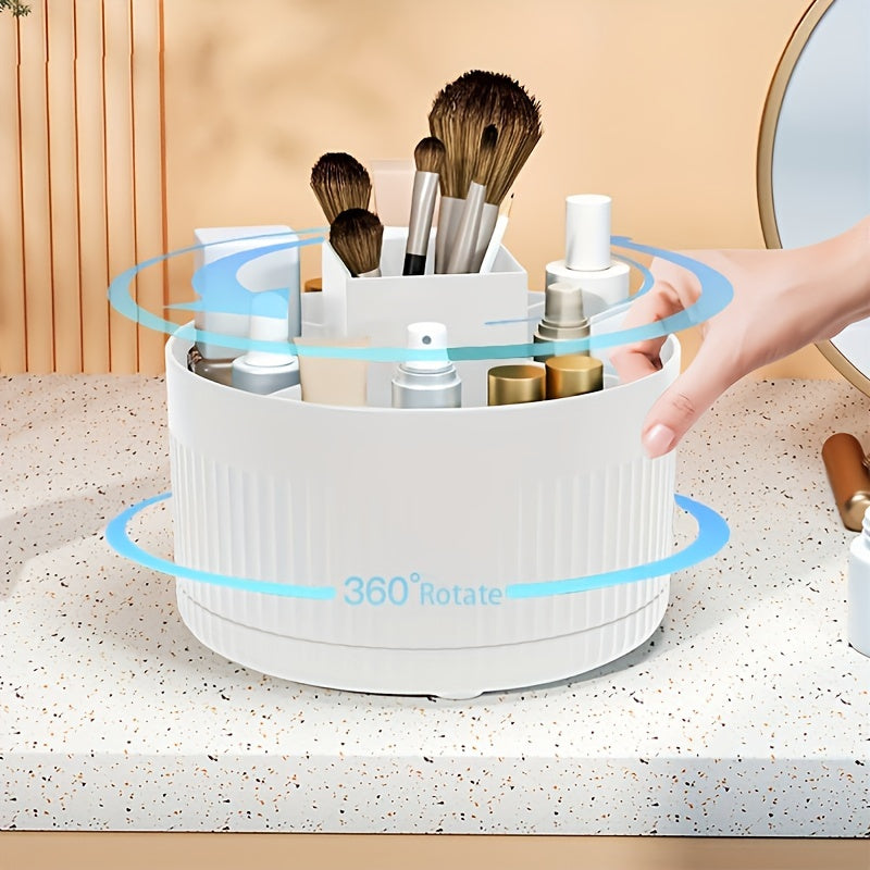 Multi-functional plastic cosmetic storage box spins for easy access to makeup, brushes, skincare, and more on bathroom countertops.